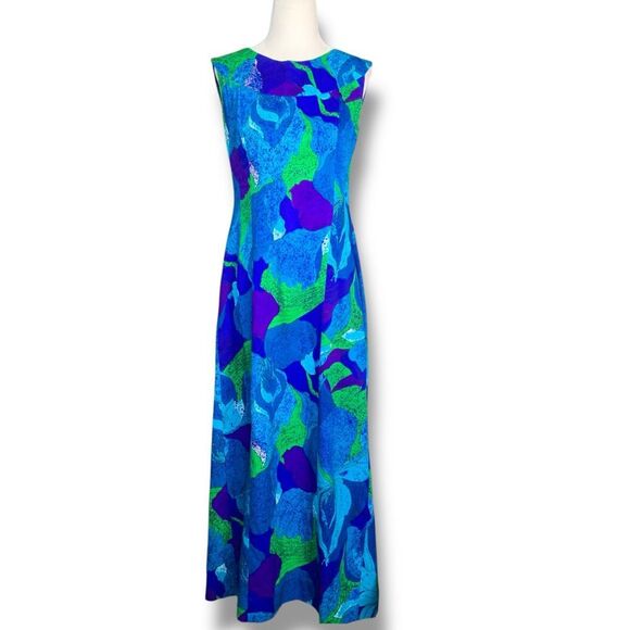 Vintage 60s Hawaii Maxi Dress Sleeveless Blue Green Pattern Abstract Floral - Picture 1 of 12